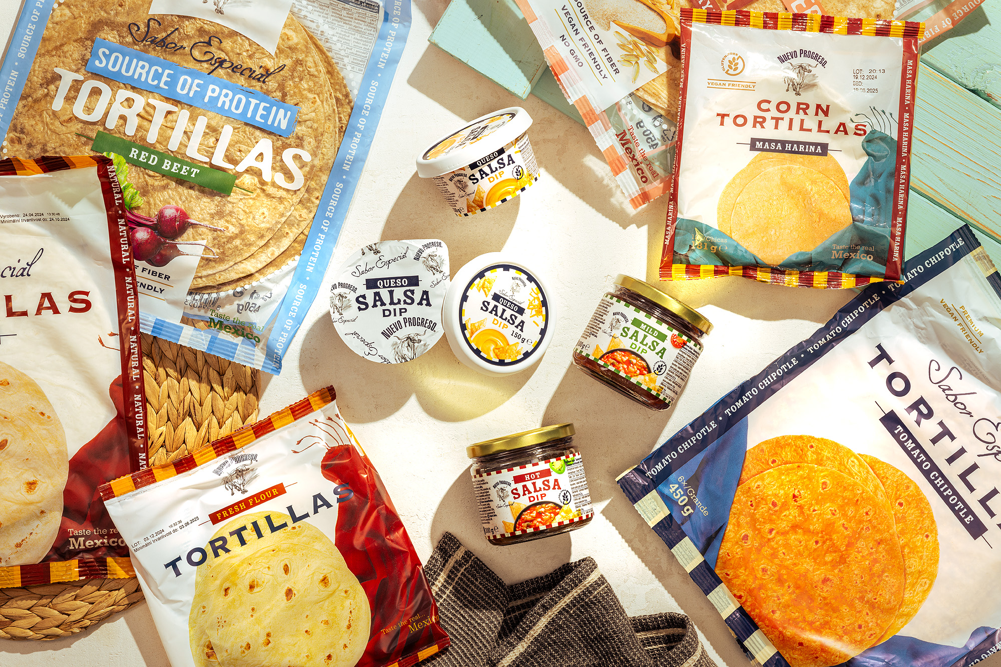 Nuevo progreso tortillas marinades salsa dip queso packaging vegan