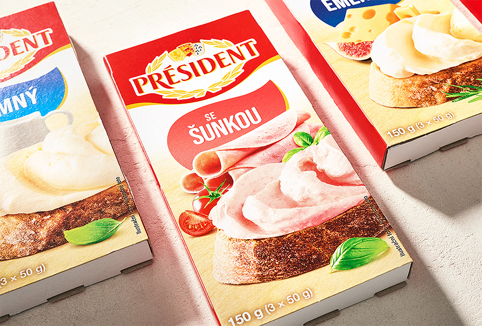 Food photography and packaging redesign for Président processed cheese.