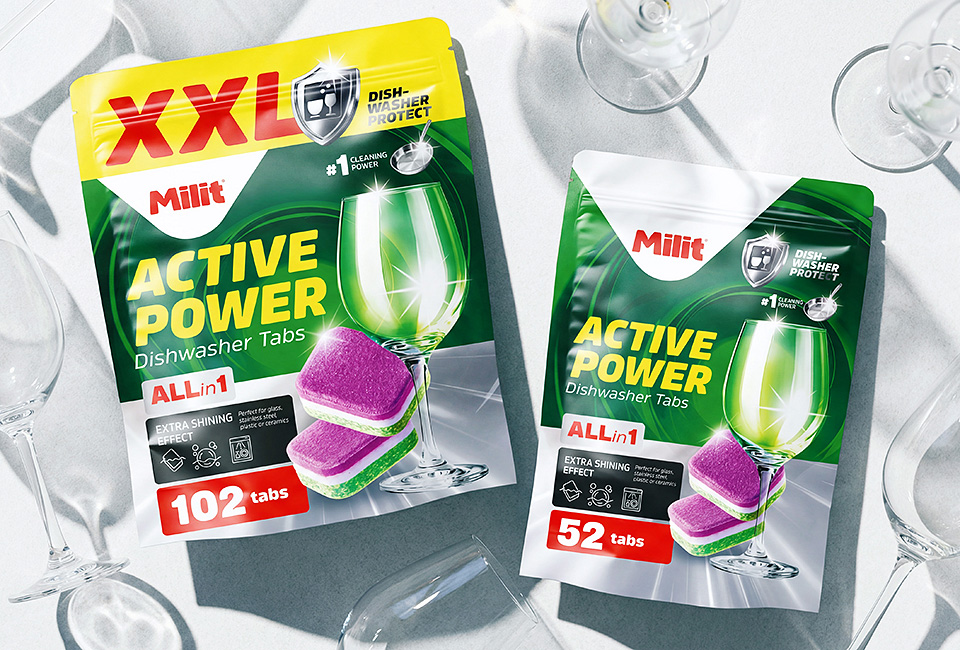 Packaging design for dishwasher cleaning tabs – Milit product line