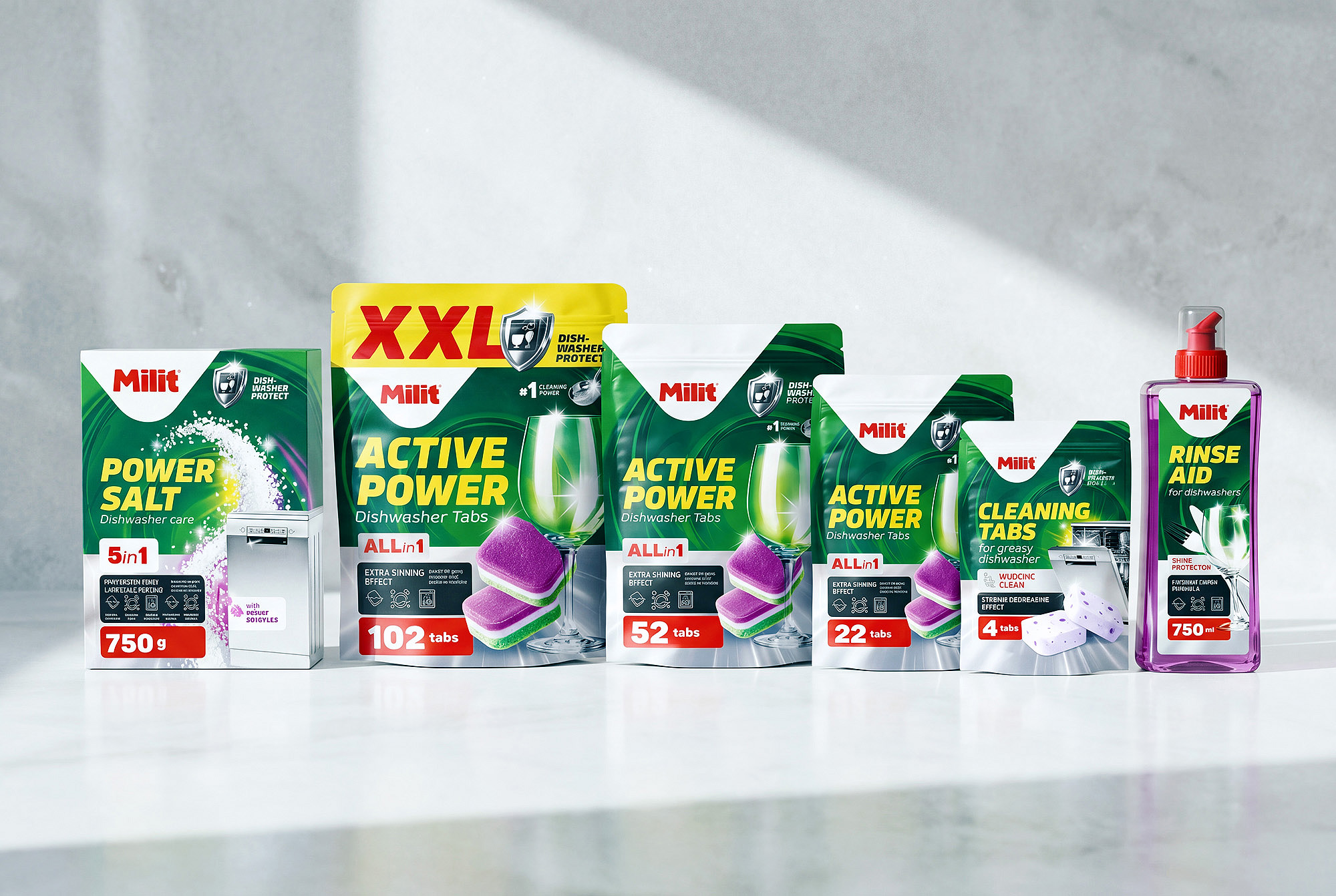 Milit washing machine tablets power salt shine modern packaging