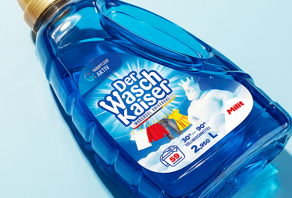 Branding and packaging design of laundry detergents and gels DerWaschKeiser for the German market